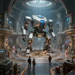 Explorers discover a vast robotics lab, fantasy, wide shot, trending on artstation