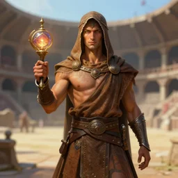portrait of a shadowing figure in brown rags holding a magical item, gladiator arena, volumetric lighting, model, hdr, 2 4 mp, fantasy, high detail, elegant, digital painting, natural light, vibrant, intricate, textured skin, highly detailed, artstation, sharp, focus, illustration, anna dittmann, ilya kuvshinov, nikolay makovsky