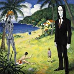 a painting of summertime resort by zdzisław beksinski, h. r. giger, h. p. lovecraft and junji ito