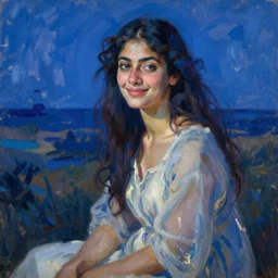 This conceptual art captures the beauty and mystery of the woman sitting before us. Her enigmatic smile and gaze seem to invite us into her world, and we cannot help but be drawn in. The softness of her features and the delicate way she is dressed make her seem almost ethereal. The background landscape adds to the feeling of distance and mystery, making us wonder what secrets this woman holds. cerulean by Sunil Das, by Lori Earley monumental