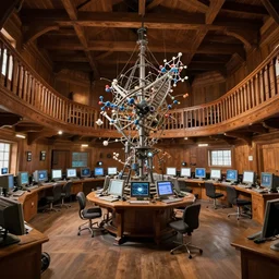 realistic photo interior of the spacious wooden polished medieval expensive wooden room observatory scientific interior with dozens of computers and displays and molecules 1 9 9 0, life magazine reportage photo