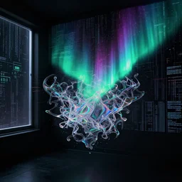 holographic glitchcore glitch art psychedelic fractal glitch smoke glass reflective hyperrealism astral galaxy, northern lights glitch 8 k, ultra hd, night with a light from the window, against a matrix background, all black room and setting, glitch art, trending on artstation, high detail, 8 k, cgsociety, hypermaximalist, octane render, cinematic lighting, post apocalyptic, data, code, mutek, nervous system, parametric, octane render, sci fi, glitch