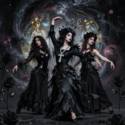 a stunning gothic contemporary dancer by tom bagshaw, alphonse mucha, donata giancola, mary jane ansell, wearing an ornate raven dress, ankh necklace, horror, black magic, black roses, gothic, dark academia, atmosphere, pagan, realism, octane render, dof, whirling nebulas, hyperdetailed, 8 k,