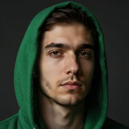 portrait of a chad programmer with green hood by jeremy mann, dramatic lighting, close up