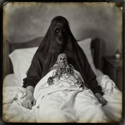 daguerreotype photo of a person in bed with a poltergeist sitting on their chest, detailed and creepy, ectoplasm