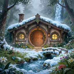 inside a medieval hobbit home, ornate, beautiful, mist, smoke, chimney, rain, waterfall, melting, snow, creek, lush, ice, bridge, forest, flowers, concept art illustration, color page, 4 k, tone mapping, magic realism, art by josephine wall, art by huang guangjian, art by viktoria gavrilenko, art by amanda sage, trending on artstation