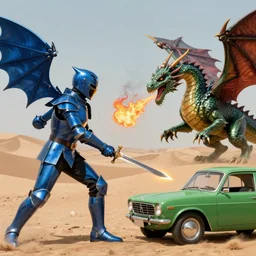 blue knight vs dragon, green car in desert, fine art, battle, duel, sword, breathing fire, cgsociety, trending, realistic, fantasy, 4 k, artstation