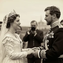 An extreme closeup shot, colored black and white Russian and Japanese mix historical fantasy photographic portrait of a Royal wedding of the empress and emperor Holding holding hands throughout the ceremony, golden hour, warm lighting, 1907 photo from the official wedding photographer for the royal wedding.