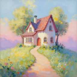 a fairytale house, a path leading to the house in curve shape, painting art work, very fantastic art, colors very soft and attractive by souad said