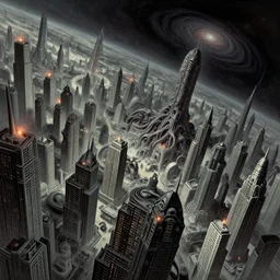 detailed, sharp, a horror surreal alien city at the end of the universe by Zdzislaw Beksinski, by Paul Lehr, dutch angle digital art, illustration, trending on artstation, HD, 8K, highly detailed, good lighting, beautiful, epic, masterpiece, horror, surreal