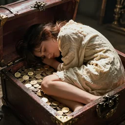 a person curled up hiding in a treasure chest among coins