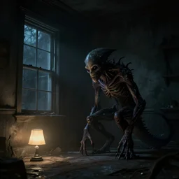 concept art, artstation, nigh, bioluminescence light, high details, alone in the room with a creepy creature, night, lamp lighting, horror, dark room, desolated, a window, volumetric light, atmospheric, grunge