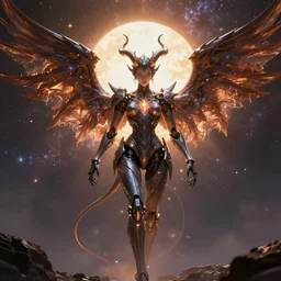 the most beautiful cosmic android robot female devil, long glowing horns, huge wispsy wings, devil wings, into the cosmic sun, photo pic by unreal engine