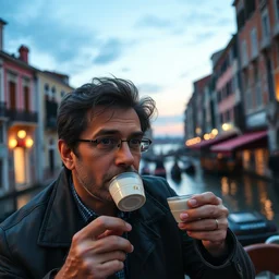 close up portrait of an italian man enjoying espresso in venice. photorealistic. dusk.