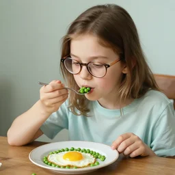 a photograph of a girl with glasses eating peas with fried egg by leonid afremov