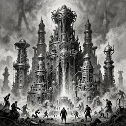 b & w inks of 1 1 character, tiered flayed god machines, cluster tiered heirarchy, battle chaos, mainframe hydrocracking battles, medical, dystopian, by wayne d barlowe, h r giger, simon bisley & boris vallejo, enric torres, hyper realism, narrative light, muted colors, epic, hyper detailed, awe inspiring, award winning horror,