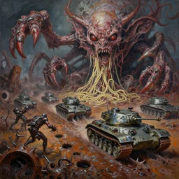 oil painting nightmare macerated future mollusk demons run army tanks metal noodle terrorizing army clawed chaos landscape fecund afraid of demon barbed footprints treads hooped around destroyed rust landscape in primoridal slimes dropping into in terrifying necrotized skins, cinematic, fine art, ornate masterpiece, by geof darrow and by alex nino