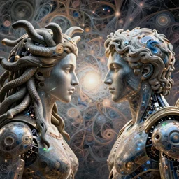 a i robot portrait of perseus vs medusa gorgon character portrait made of fractals facing each other, ultra realistic, wide angle, intricate details, the fifth element artifacts, highly detailed by peter mohrbacher, hajime sorayama, wayne barlowe, boris vallejo, aaron horkey, gaston bussiere, craig mullins