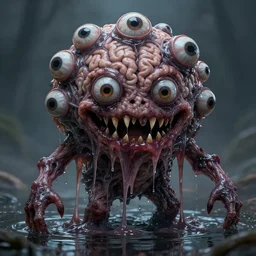 a creepy monster blob with many eyes, scary smiling mouth with strings of salive, sharp teeth, skin texture like a brain, slimy, standing in shallow water, horror art, intricate, extremely detailed, ultra realistic, complex, sharp, trending on artstation, concept art
