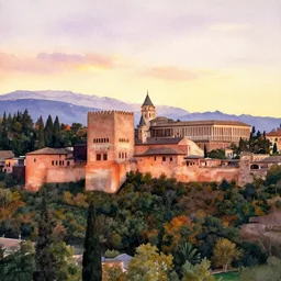 alhambra, from granada, at sunset, with sierra nevada, watercolour,