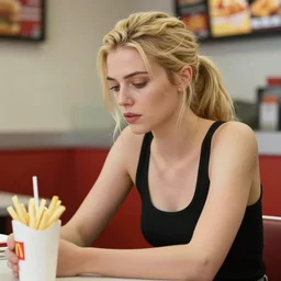 digital intricate portrait of a young, blonde, gorgeous women, ponytail, slender body, aesthetically pleasing, detailed facial features, tired weared eyes, working at a fast food restaurant, by annie leibovitz