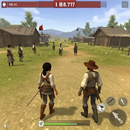 screenshot of gameplay game set in 1 8 3 7 old west showdown featuring african american and japanese cowboys and cowgirls in ghost town with buildings painted white bright colors, morning light with mountains in the background