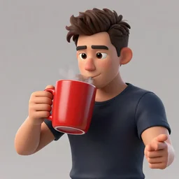 portrait of a ( ( ( large red ceramic mug of coffee ) ) ), ( ( dotado handsome young brazilian ) ), drinking coffee, 3 d photorealistic, concept character, by filip hodas