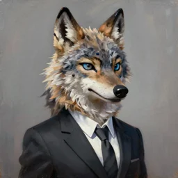 beautiful oil painting of anthromorphic female wolf, in style of zootopia, zootopia, zootopia, fursona, furry, furaffinity, 4 k, deviantart, furry art, fursona art, wearing black business suit, business suit, in style of zootopia, wolf fursona, cyberpunk, female, very very very expressive detailed feminine face,