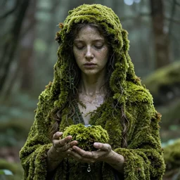 Moss-covered Gaia goddess shedding a single tear