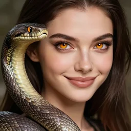 snake with upper half of a woman, big, long, beautiful, amber eyes, realism, female, smileing nright, cinematographic shot, artstation