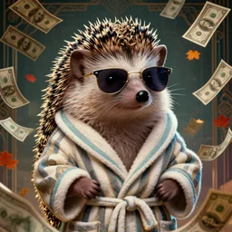 portrait, anthropomorphic hedgehog, striped bathrobe, curly hair, electric sunglasses, surrounded by floating autumn dollar bills, fantasy, detailed, intricate, luminescent, elegant, coherent, by mandy jurgens, hannah yata and kay sage, donato giancola, detailed, artstation, cinematic lighting, artdeco, art deco outrun aesthetic
