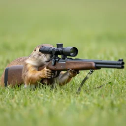 a prairie dog. holding a riffle with a scope, aiming, lying on the grass