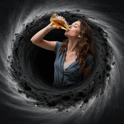 a girl drinking beer in center of supermassive black hole, detailed photo by greg rutkowski.