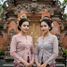 portrait of lindsey pelas and demi rose wearing kebaya in bali temple, by charlotte grimm, natural light, detailed face, beautiful features, symmetrical, canon eos c 3 0 0, ƒ 1. 8, 3 5 mm, 8 k, medium - format print, half body shot
