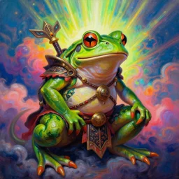 [ style ] [ oil painting ] [ palate ] [ vibrant gothic colors ] 👾 👽 anthropomorphic frog warrior, vibrant neon nebulous clouds, radiant light rays, photorealistic painting, intricate and fine details, volumetric lighting, artstation,