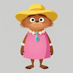 detailed flat 2 d : marten character : wearing jewelry and pink dress and yellow hat : head torso legs feet : lorax movie : artstation