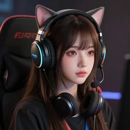 a 3 d render of a cat girl wearing a gaming headset