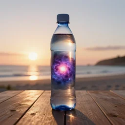 a supernova inside a water bottle on a wooden table, hyperrealistic, concept art, octane render, unreal engine 5, trending on artstation, high quality, highly detailed, 8 k hdr, soft lighting, path traced, a beach at sunset in the background, bloom, high coherence, symmetrical, high contrast, digital art, serene landscape, cinematic