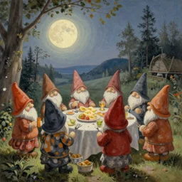 gnome party before sunrise, a detailed painting by Meno Mühlig