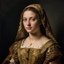 portrait of young woman in renaissance dress and caul, art by sandro botticelli