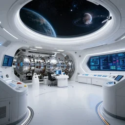 interior of engineering section on a starship,, star - field and planet in the background, engine room, digital art, highly detailed, sleek, white, advanced, trending on artstation, octane render sci - fi