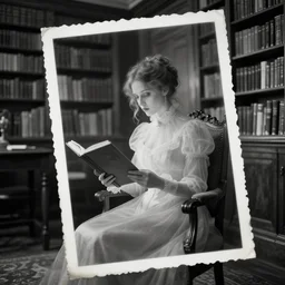 long shot, monochromatic supernatural photography of an eerie see - through victorian woman reading, in a chair in a well - lit library room, torn photograph, 8 k