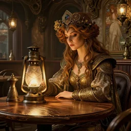 steampunk cafe with a soul, on a wooden table, intricate detail, hyper detailed, ultra realistic, sharp focus, smooth, octane render, lantern, volumetric, ray tracing, artstation trending, cgsociety, sense of awe, mystical, by alphonse mucha, midsommar 4 k
