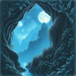 a beautiful pencil artwork of the void in a lush humid prehistoric jungle cave, mountains, cosmic horror, vines, water, black leaves, lush flora, blue moonlight, volumetric lighting, haze, 8 k