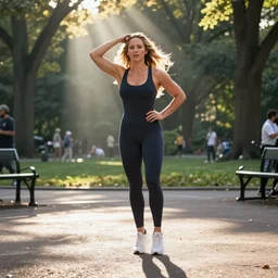 bodybuilder jennifer lawrence wearing spandex in central park, new york, superhero landing, god's rays, cinematic light, octane render, photorealistic