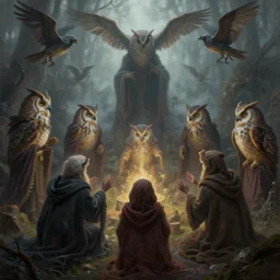 masterful fantastic realist painting of the enchanted summoning rituals of unusual moody birds wearing cloaks, exotic owl wizardry, weird perspective, digital painting trending on artstation, volumetric lighting and mist, hyperrealistic, octane render