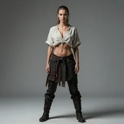 full body portrait, thin but strong viking samurai woman, open shirt, 6 pack, symmetrical beautiful face, relaxed pose