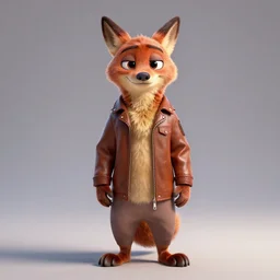 full body, 3d render , anthropomorphic coyote male , wearing along brown leather jacket , in the style of Zootopia