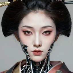 organic geisha cyborg, face splitting opening revealing metal robot inside, fine - face, realistic shaded perfect face, fine details. anime. realistic shaded lighting poster by ilya kuvshinov, magali villeneuve, artgerm, jeremy lipkin and michael garmash and rob rey