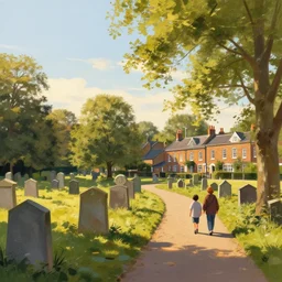 a walk through highgate cemetery, waterlow park then around highgate village in north london. volumetric lighting, summer, early evening, nice weather, realistic illustration, golden hour, perfectly shaded, soft painting, art by krenz cushart and wenjun lin